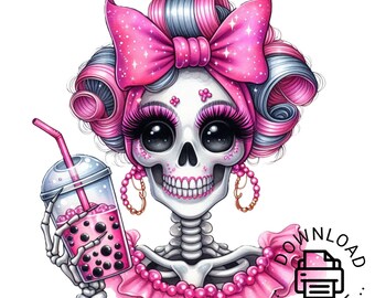 Pink Bow Skeleton Bubble Tea PNG Clipart, Gift For Her, Halloween Skull, Halloween Skeleton Bow Png, Halloween Bougie PNG Sublimation