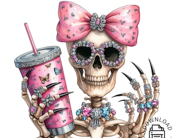Pink Bow Skeleton Tumbler PNG Clipart, Gift For Her, Halloween Skull, Halloween Skeleton Bow Png, Halloween Bougie PNG Sublimation