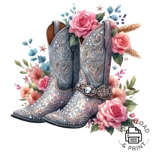 Cowgirl Boots Clipart, Pink Flowers Boots Sublimation Png, Boho Flowers Western Boots, Cowgirl Png, Pink Cowgirl Boots Designs Downloads,