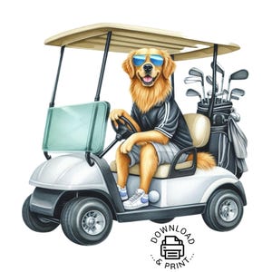 Golf Cart with Dog, Golden Retriever Clipart, Pink Golf Cart Clipart PNG, Golfer Clipart,  Golden Retriever with Golf Cart Clipart png