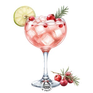 May include: Watercolor illustration of a pink cocktail in a stemmed glass, garnished with a lime slice, cranberries, and rosemary. The drink is filled with ice cubes. A sprig of rosemary and cranberries are at the base of the glass. The words "DOWNLOAD & PRINT" are at the base of the glass.