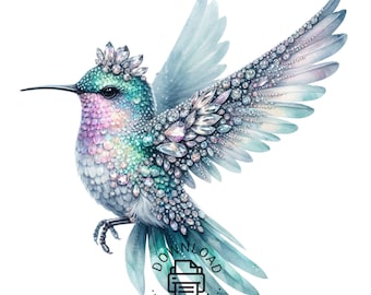 Sparkly Hummingbird Clipart, Watercolor Crystal Hummingbird Clipart PNG, Crystal Clipart, Watercolor Hummingbird png, Commercial Use,