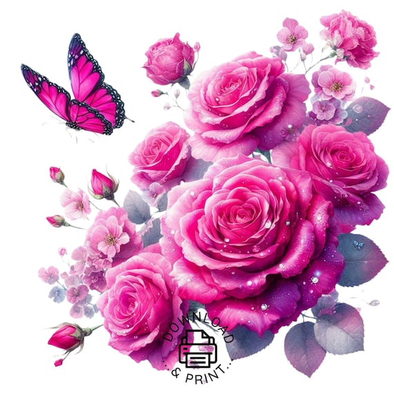 Sparkly Butterfly and Rose Clipart, Watercolor Pink Crystal Rose Butterfly PNG, Butterfly Rose, Rose Butterfly Sublimation, Commercial Use
