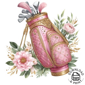 Golftasche Aquarell rosa Golftasche Sport Mädchen Clipart Kindergarten Golfer PNG Kommerzielle Nutzung Golf Zubehör Golfwagen Illustration Golfschläger