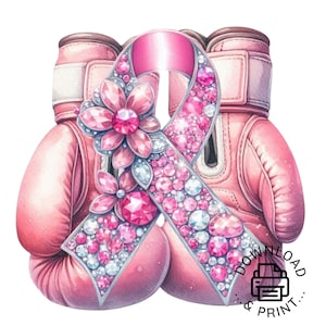 May include: Pink boxing gloves with a pink ribbon adorned with rhinestones. The ribbon is tied in a bow and has a large pink flower with rhinestones in the center.