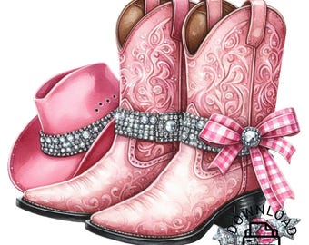 Pink Cowgirl Boots Ribbon Clipart, Western PNG (Digital Download)