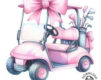 Golf Cart Clipart, Pink Pastel Golf Cart Girl Clipart Nursery Golfer PNG Commercial Use Ribbon Cars Golf Cart PNG Illustration Golf Club