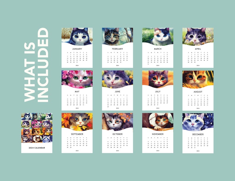 2024 Printable Monthly Calendar Digital Download PDF Sunday Start Letter/8.5x11 Vertical