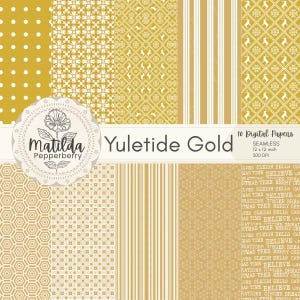 Può includere: Una collezione di dieci carte digitali con vari motivi in oro e bianco. I disegni includono pois, forme geometriche, strisce e motivi festivi. Le carte sono intitolate "Yuletide Gold" e misurano 30,48 x 30,48 cm.