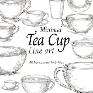 May include: A collection of minimalist tea cup line art illustrations in black and white. The image features various teacups, saucers, and a tall cup, with the text "Minimal Tea Cup Line art" and "40 Transparent PNG Files".