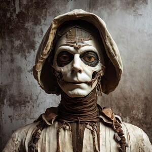 May include: A white, skeletal-looking figure with a hooded robe and a detailed, painted face. The figure has a distressed, aged appearance.