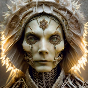 May include: A woman with a white and gold headdress and intricate gold makeup around her eyes. The headdress has a star-shaped design on the forehead.