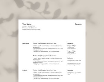 Resume, Curriculum Vitae (CV) and Cover Letter Template for Microsoft Word, Apple Pages and Adobe InDesign  | Clean and Simple Design