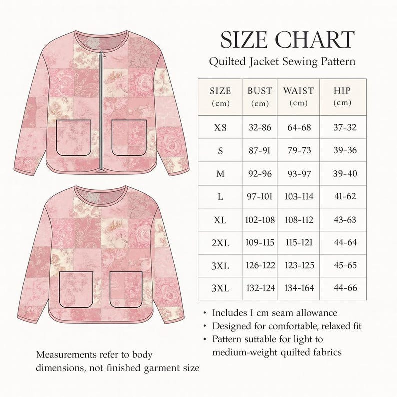 Pu&ograve; includere: Tabella delle taglie per un modello di cucito di giacca trapuntata. Le misure di busto, vita e fianchi sono in cm, da XS a 3XL. Il design della giacca &egrave; rosa con un motivo patchwork floreale.