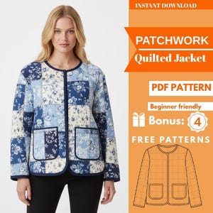 May include: A patchwork quilted jacket in shades of blue and white with a floral pattern. The jacket has a round neckline, two front pockets, and a dark blue trim. The image also includes text that says "Patchwork Quilted Jacket" and "PDF Pattern".