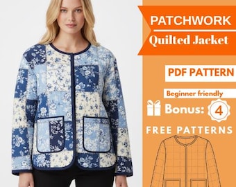 Modello di cucito per giacca patchwork – Cappotto trapuntato floreale in PDF, modello facile per principianti