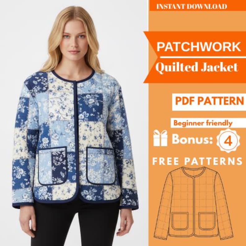 Pode incluir: Casaco acolchoado patchwork em tons de azul e branco com padr&atilde;o floral. O casaco tem decote redondo, dois bolsos frontais e acabamento em azul escuro. O texto diz "Patchwork Quilted Jacket" e "PDF Pattern".