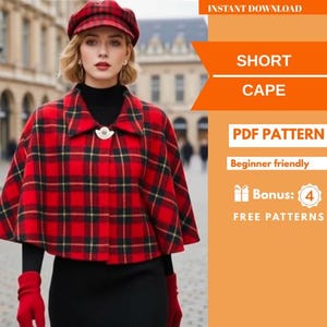 Könnte beinhalten: Ein roter karierter kurzer Umhang mit passender Mütze. Der Umhang hat ein schwarz-gelbes Gittermuster und einen weißen Knopfverschluss. Der Text "SHORT CAPE" und "PDF PATTERN" ist ebenfalls enthalten.