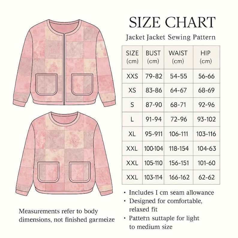Pode incluir: Tabela de tamanhos para um padr&atilde;o de costura de jaqueta. A tabela inclui medidas de busto, cintura e quadril em cent&iacute;metros, variando de XXS a XXL. As jaquetas s&atilde;o rosa claro com um design de patchwork.