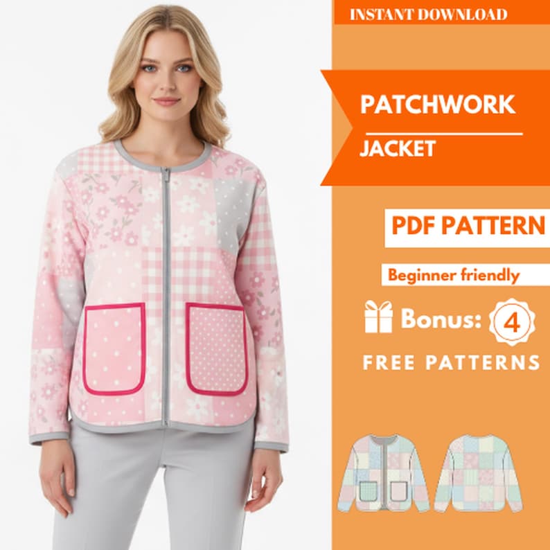 Pu&ograve; includere: Una giacca patchwork rosa, grigia e bianca con chiusura a zip e due tasche anteriori. La giacca presenta motivi floreali e geometrici. L'immagine include anche il testo "Patchwork Jacket" e "PDF Pattern".