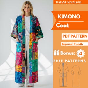May include: A long, patchwork kimono coat in vibrant colors, including blue, green, pink, and yellow floral patterns. The coat has large pockets and is open in the front. Text on the image reads "KIMONO Coat" and "PDF PATTERN".