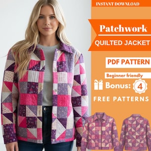May include: A patchwork quilted jacket in pink, purple, and white. The jacket has a button-up front and a collared neckline. The image includes text that reads "Patchwork Quilted Jacket" and "PDF Pattern".