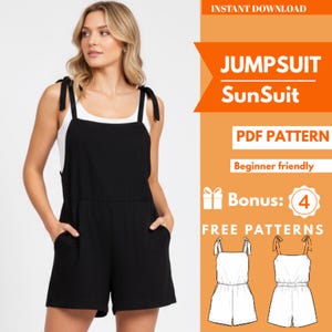 May include: A black jumpsuit with tie straps and pockets. The image includes the text "JUMPSUIT SunSuit PDF PATTERN Beginner friendly Bonus: 4 FREE PATTERNS". The jumpsuit is worn over a white top.