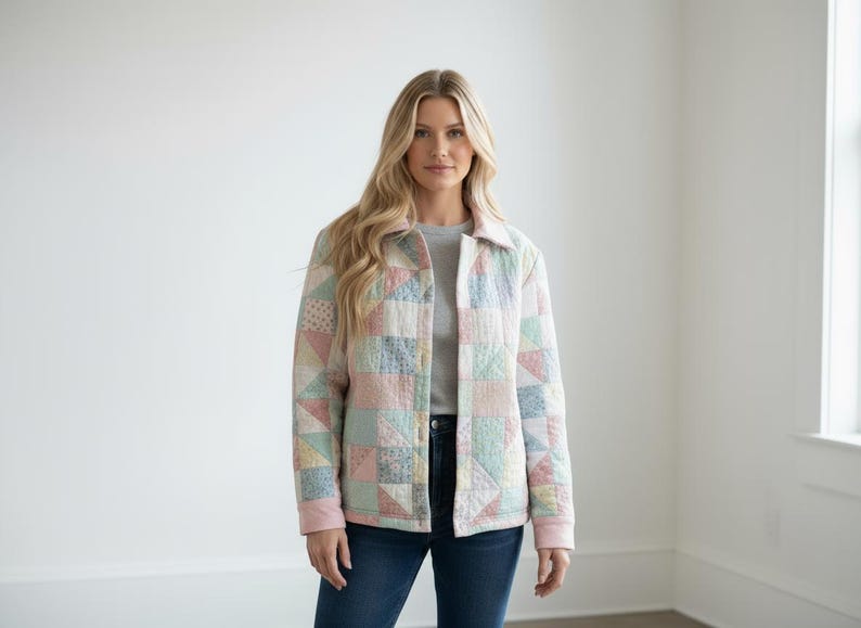 Pu&ograve; includere: Giacca trapuntata dai colori pastello, con un design patchwork di quadrati e triangoli rosa, blu e crema. La giacca ha un colletto e viene indossata sopra un top grigio e jeans blu.