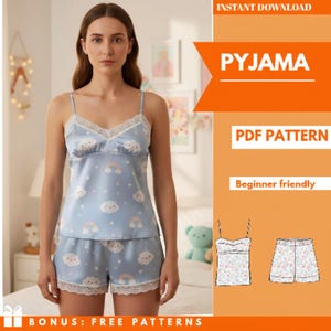 May include: Light blue pajama set with a cloud and rainbow pattern. The camisole top and shorts have white lace trim. The image also includes the text "PYJAMA", "PDF PATTERN", and "Beginner friendly".