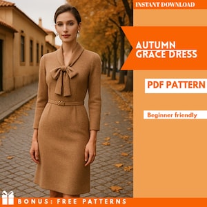 Pode incluir: Uma mulher vestindo um vestido bege com um detalhe de laço no decote e um cinto combinando. O vestido é na altura do joelho e tem mangas compridas. A imagem inclui o texto "Autumn Grace Dress" e "PDF Pattern".