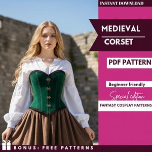 Puede incluir: Una mujer con un corsé medieval verde con ribete negro y cierres dorados, combinado con una blusa blanca. La imagen incluye el texto "Medieval Corset PDF Pattern" y "Fantasy Cosplay Patterns."