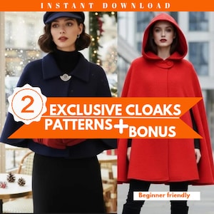 Puede incluir: Dos mujeres modelando capas. Una lleva una capa azul marino con un cuello alto negro y un sombrero a juego. La otra lleva una capa con capucha roja. La imagen incluye el texto "2 EXCLUSIVE CLOAKS PATTERNS + BONUS" y "Beginner friendly."