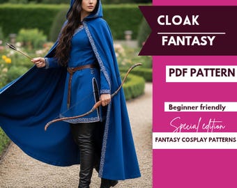 Patroon voor middeleeuwse mantel met capuchon (PDF) – Naaipatroon voor een cape voor cosplay, kostuums en fantasy-outfits