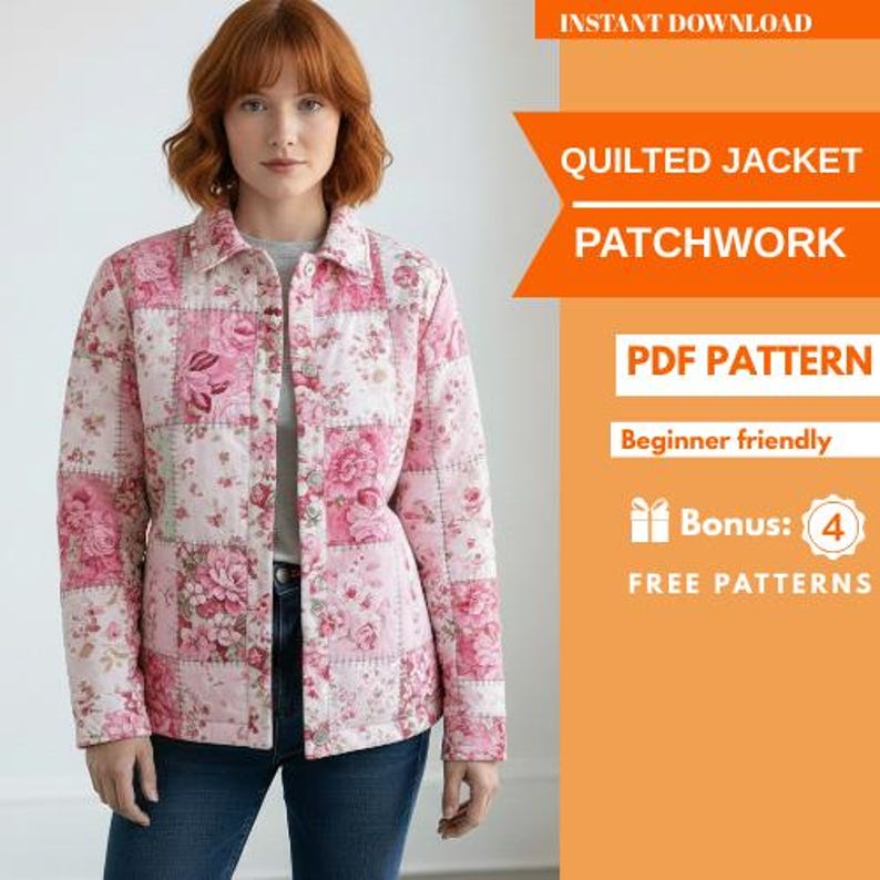 Op de afbeelding: Een patchwork gewatteerde jas met bloemenpatroon in roze en wit. De jas heeft een knoopsluiting en een kraag. De afbeelding bevat ook de tekst "Quilted Jacket Patchwork" en "PDF Pattern".