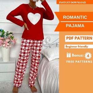 Pode incluir: Conjunto de pijama vermelho com um coração branco na parte superior de manga comprida e calças de pijama xadrez vermelho e branco com corações. A imagem inclui texto que diz "ROMANTIC PAJAMA" e "PDF PATTERN".