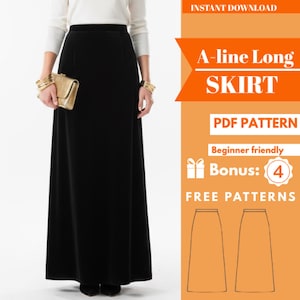 May include: A-line long black skirt. The skirt is worn by a person with a gold clutch and gold bracelets. The image includes text that says "A-line Long SKIRT", "PDF PATTERN", "Beginner friendly", "Bonus: 4", and "FREE PATTERNS".