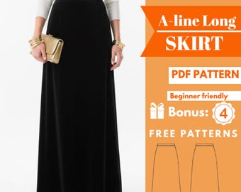 Maxi Skirt Sewing Pattern | A-Line Long Skirt PDF | Sizes US 2-30 / XS-4XL