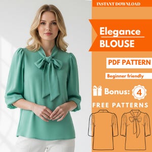 May include: A woman wearing a mint green blouse with a bow tie neckline and three-quarter sleeves. The image includes text that reads "Elegance BLOUSE", "PDF PATTERN", and "Beginner friendly". There are also illustrations of the blouse.