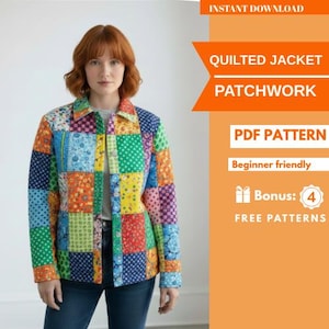 May include: A colorful patchwork quilted jacket with a button-down front. The jacket features a variety of fabric patterns in shades of blue, green, yellow, orange, and pink. The image also includes text that says "Quilted Jacket Patchwork PDF Pattern".