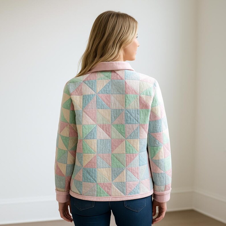Pu&ograve; includere: Giacca trapuntata color pastello con un motivo geometrico a triangoli. La giacca presenta un colletto e finiture rosa chiaro, con un mix di triangoli rosa, blu, verdi e gialli. La giacca &egrave; indossata sopra un paio di jeans blu.
