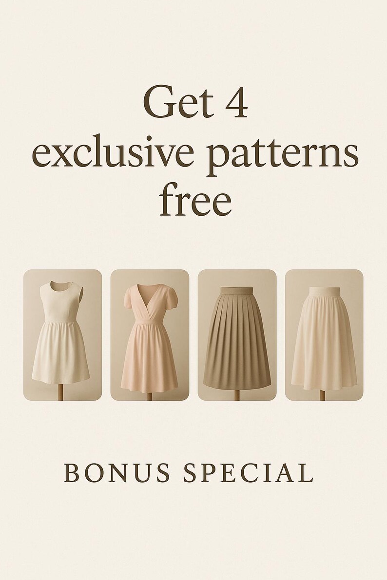 Pu&ograve; includere: Immagine con quattro capi di abbigliamento in tonalit&agrave; neutre. Il testo recita "Get 4 exclusive patterns free" e "BONUS SPECIAL". I capi includono abiti e gonne, presentati su manichini.