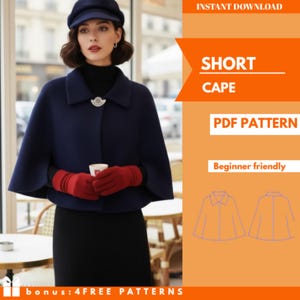 Könnte beinhalten: Eine Frau trägt einen marineblauen Kurzcape mit Kragen und dekorativem Verschluss. Sie trägt einen passenden marineblauen Hut und rote Handschuhe. Das Bild enthält den Text "SHORT CAPE" und "PDF PATTERN".