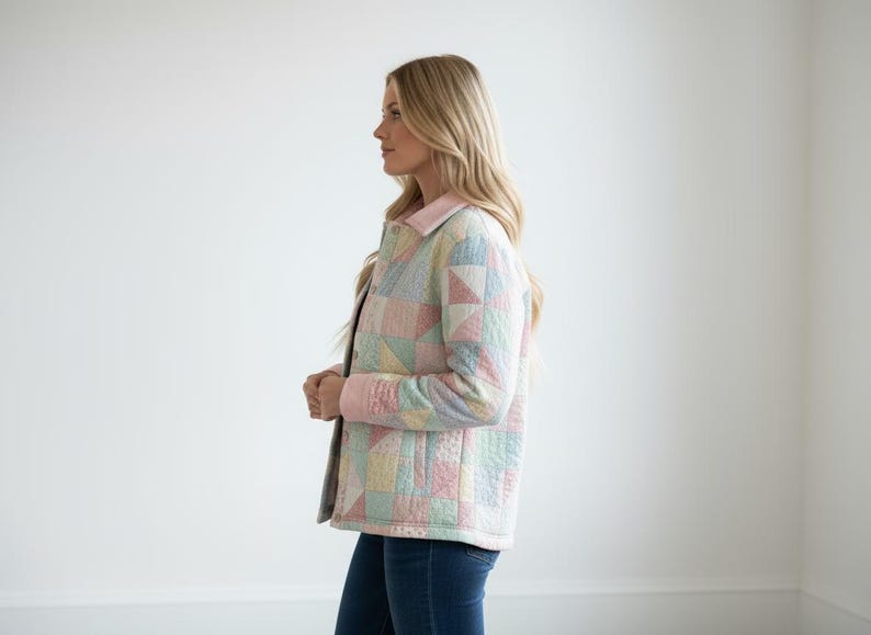 Pu&ograve; includere: Giacca patchwork pastello con colletto e polsini rosa chiaro. La giacca presenta un design trapuntato con varie forme geometriche in colori tenui come rosa, blu, giallo e verde. La giacca &egrave; indossata sopra un top scuro e jeans blu.