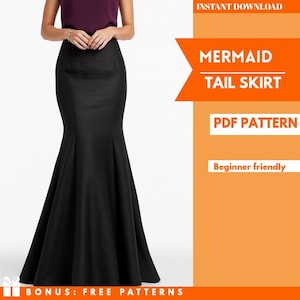 Puede incluir: Una falda negra de cola de sirena. La falda tiene una cintura ajustada y se ensancha desde las rodillas. La imagen incluye el texto "MERMAID TAIL SKIRT", "PDF PATTERN" y "Beginner friendly".