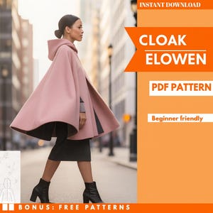 Könnte beinhalten: Ein staubrosa Kapuzenmantel mit schwarzem Futter und einem schwarzen Rock. Das Bild enthält den Text "CLOAK ELOWEN PDF PATTERN Beginner friendly BONUS: FREE PATTERNS INSTANT DOWNLOAD".