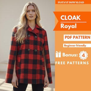 Puede incluir: Una capa a cuadros rojos y negros con cierre de botones de doble botonadura. La imagen incluye el texto "CLOAK Royal PDF PATTERN Beginner friendly Bonus: 4 FREE PATTERNS".