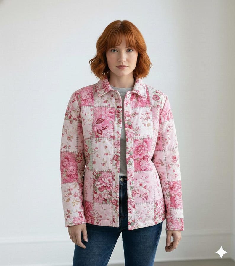 Op de afbeelding: Een roze gewatteerde jas met een patchwork bloemenpatroon. De jas heeft een knoopsluiting aan de voorkant, een kraag en lange mouwen. Het bloemenpatroon bevat tinten roze en wit. De jas wordt gedragen over een grijs shirt en een blauwe jeans.