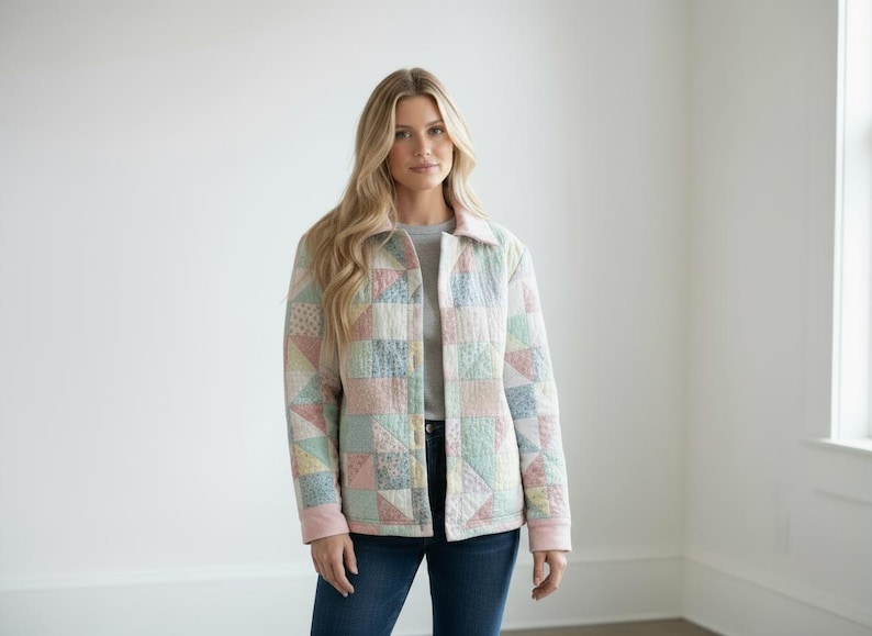 Pu&ograve; includere: Giacca trapuntata dai colori pastello, con un design patchwork di quadrati e triangoli. La giacca ha colletto e polsini rosa chiaro e viene indossata aperta. La giacca &egrave; abbinata a jeans blu.