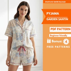 May include: A woman wearing a patchwork pajama set. The short-sleeved top and shorts feature a floral and plaid pattern in beige, blue, and white. The set has pink trim and a pink ribbon tie. Text on the right side says "PYJAMA GARDEN SANTIN".