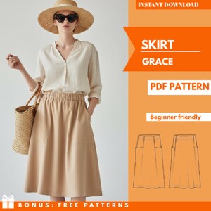 Pode incluir: Uma mulher com uma saia bege com bolsos, uma blusa creme e um chapéu de palha. A imagem inclui o texto "SKIRT GRACE PDF PATTERN" e "Beginner friendly."